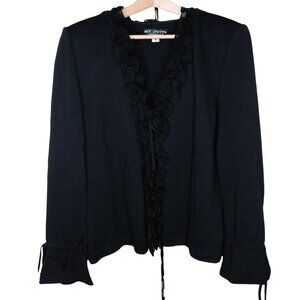 St. John Evening Santana Knit Ruffle Trim Jacket Cardigan M Black V-Neck Tie